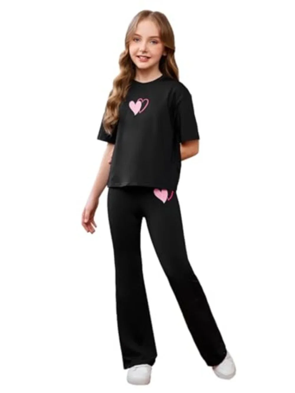 Girls 2 Piece Outfits Heart Graphic Short Sleeve T Shirt and Bell Bottom Flare
